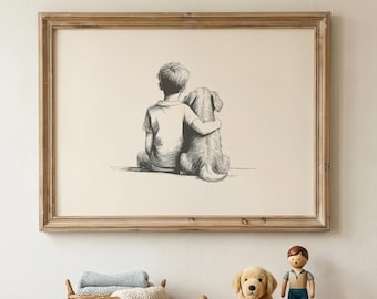 Boy and Dog Print | Boys Room Wall Art | Boy Nursery Print | Baby Shower Gift | Kids Room Decor | Boy Bedroom Decor | Digital Download