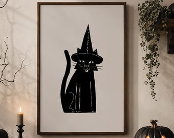 Black Cat Halloween Wall Art | Cat Wearing a Witch Hat Print | Spooky Decor | Digital Download