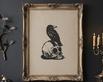 Raven Skull Wall Art | Raven on Skull Print | Gothic Home Decor | Digital Download