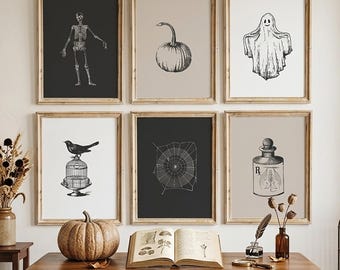 Vintage Halloween Prints Set of 6 | Skeleton, Ghost & Pumpkin Gallery Wall | Digital Download