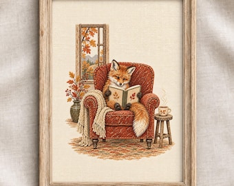Fox Reading a Book Print | Cozy Autumn Wall Art | Digital Download