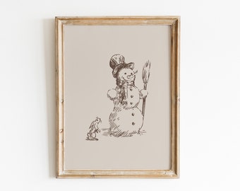 Christmas Snowman Print | Vintage Christmas wall art | Merry Christmas Print | Christmas Drawing | Snowman wall art