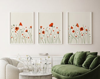 Red Poppies Print / Minimalist Floral Print / Flower Set of 3 Prints / Poppies Wall Art / Floral Set of 3 / Botanical Art Print / Floral Art