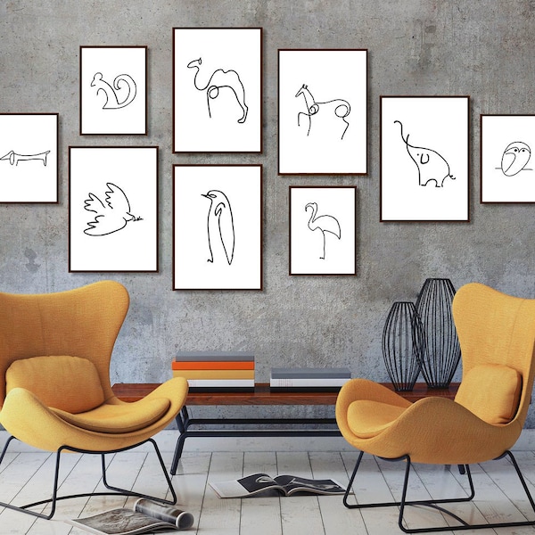 Picasso Tiere Linie Zeichnung Prints / Set von 9 Picasso Prints / Tier Skizzen / Picasso druckbare Wandkunst / Minimalistische Kinderzimmer Prints