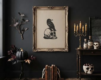 Raven Wall Art | Skull Print | Dark Academia Decor | Gothic Wall Decor | Victorian Halloween Art | Crow Print | Halloween Digital Download