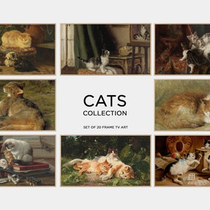 以下が含まれることがあります： 猫が様々なポーズと環境で描かれた、額縁に入った9枚の絵画のコレクション。絵画は「CATS COLLECTION」と「SET OF 20 FRAME TV ART」というタイトルが中央に書かれたグリッド状に配置されています。