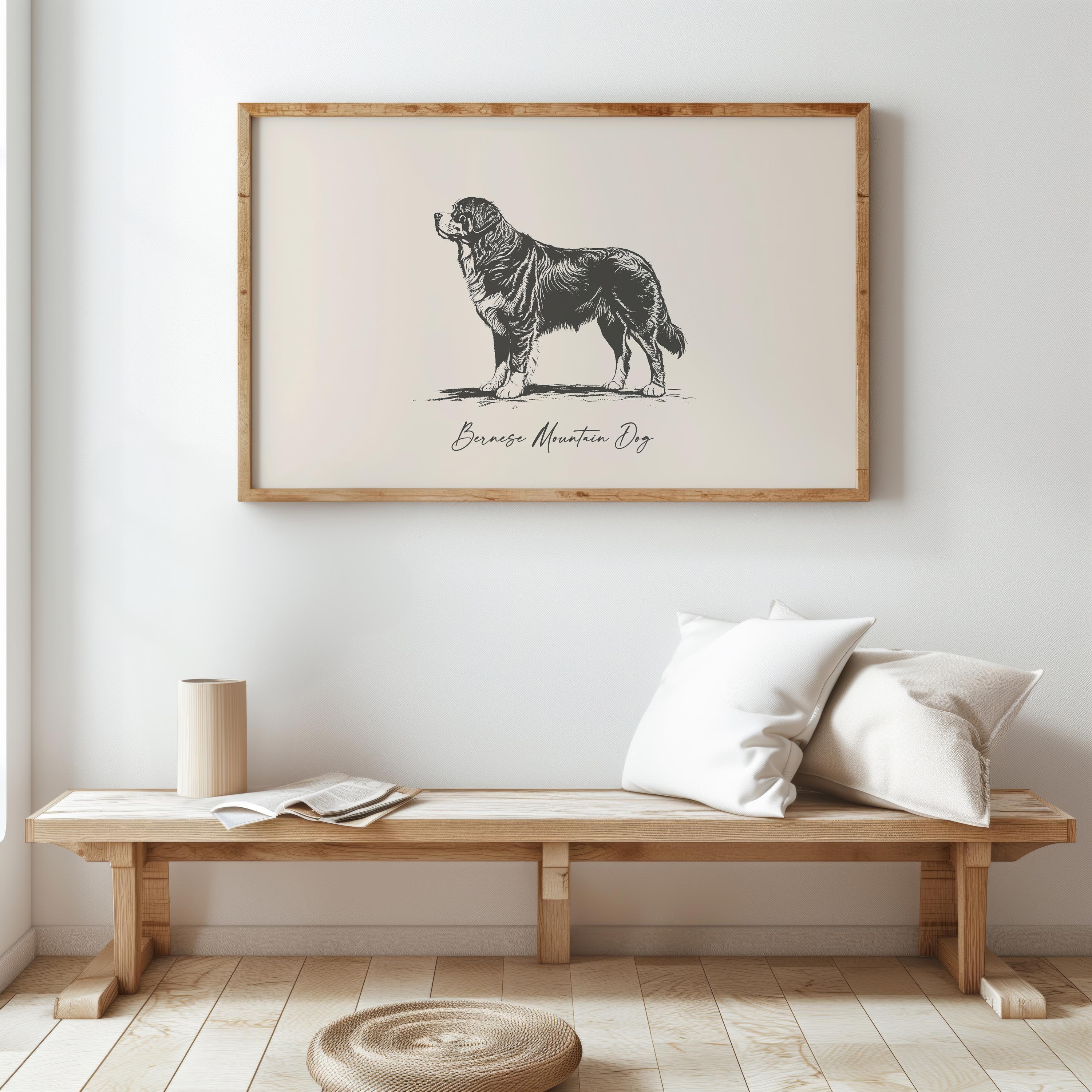 Bernese Mountain Dog Vintage Drawing: Farmhouse Wall Art (Digital Download), image size:3000x3000