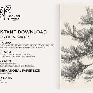 May include: A black and white illustration of a pine tree branch on a cream background. The image includes text that reads "INSTANT DOWNLOAD 5 JPG FILES, 300 DPI" and lists different aspect ratios and corresponding sizes in inches and centimeters.
