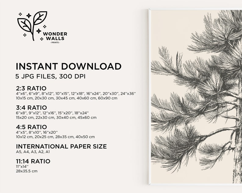 May include: A black and white illustration of a pine tree branch on a cream background. The image includes text that reads "INSTANT DOWNLOAD 5 JPG FILES, 300 DPI" and lists different aspect ratios and corresponding sizes in inches and centimeters.
