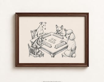 Dogs Playing Mahjong Print | Vintage Dog Wall Art | Game Room Decor | Digital Download
