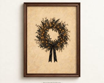 Halloween Wreath Print | Witchy Wall Art | Black Bow Botanical Decor | Digital Download