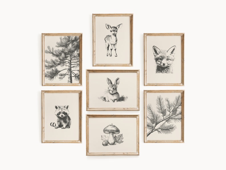 May include: A set of seven framed black and white illustrations of woodland animals and plants. The illustrations include a deer, a fox, a rabbit, a raccoon, a mushroom, and two pine branches.