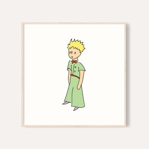 Puede incluir: Ilustraci&oacute;n enmarcada de un personaje de dibujos animados con un atuendo verde, pajarita roja y pelo amarillo. La obra de arte est&aacute; sobre un fondo blanco.