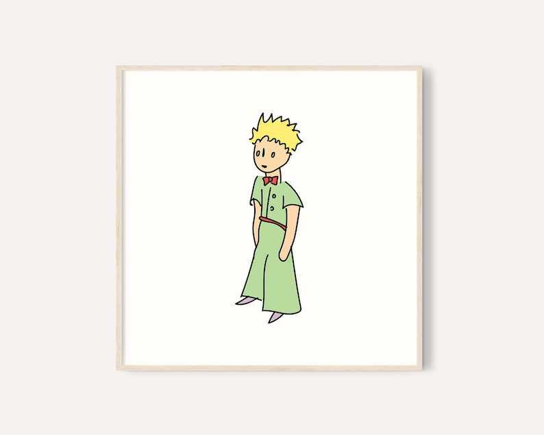 Puede incluir: Ilustraci&oacute;n enmarcada de un personaje de dibujos animados con un atuendo verde, pajarita roja y pelo amarillo. La obra de arte est&aacute; sobre un fondo blanco.