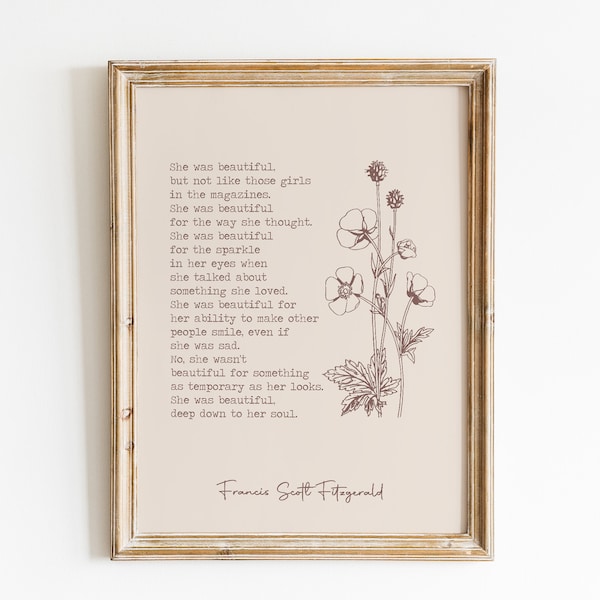 She Was Beautiful But Not Like Those Girls in the Magazines / Fitzgerald Quote Print / F. Scott Fitzgerald Quote / Famous Quote Print