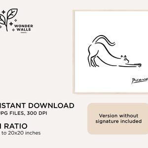 May include: A framed print with a minimalist black line drawing of a stretching cat on a white background. The artwork is signed "Picasso". The print is available as an instant download, with a 1:1 ratio and up to 50.8 x 50.8 cm.