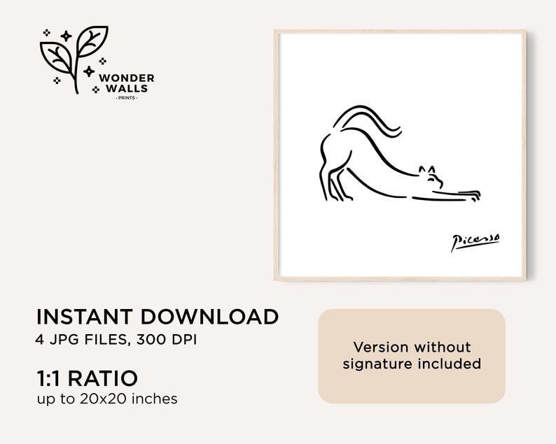 May include: A framed print with a minimalist black line drawing of a stretching cat on a white background. The artwork is signed "Picasso". The print is available as an instant download, with a 1:1 ratio and up to 50.8 x 50.8 cm.