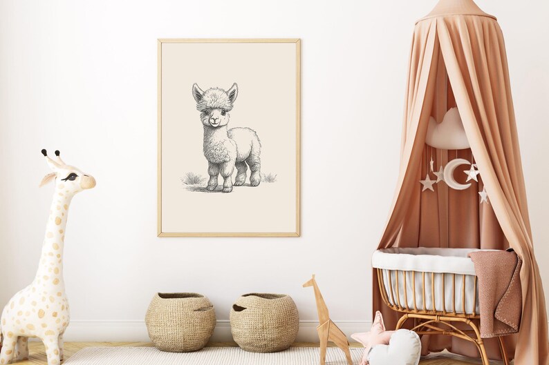 May include: A framed wall art print featuring a black and white pencil sketch of a standing alpaca on a light beige background. The illustration shows the animal in profile with detailed fur texture, positioned within a simple light wood frame.