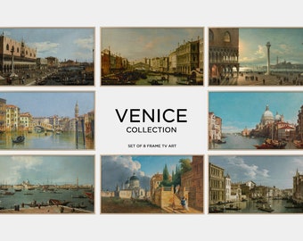 May include: A set of 8 framed prints depicting various scenes of Venice, Italy. The prints feature colorful buildings, canals, and gondolas. The title "Venice Collection" and "Set of 8 Frame TV Art" are displayed in the center of the image.