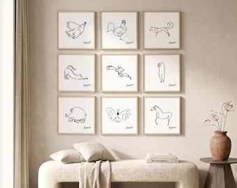 Picasso Line Art Print Set | Minimalist Animal Wall Art | Picasso Horse Print | Modern Home Decor | Picasso Butterfly | Digital Download