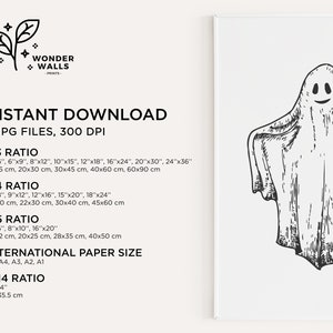 May include: A black and white line drawing of a ghost with a smiling face. The image is labeled "INSTANT DOWNLOAD 5 JPG FILES, 300 DPI" and includes information about different aspect ratios and sizes for printing.