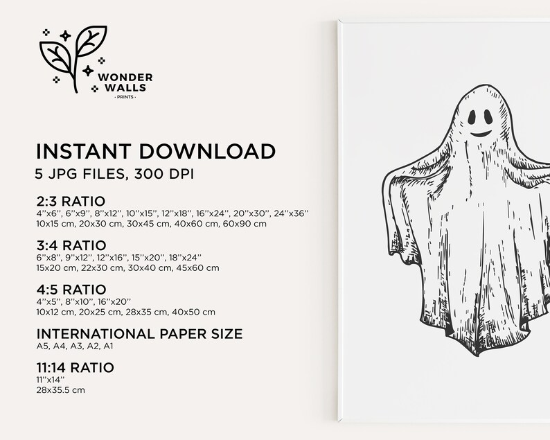 May include: A black and white line drawing of a ghost with a smiling face. The image is labeled "INSTANT DOWNLOAD 5 JPG FILES, 300 DPI" and includes information about different aspect ratios and sizes for printing.