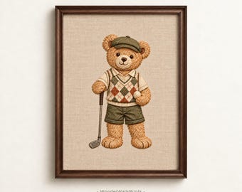 Golf Wall Art | Teddy Bear Golfer Print | Vintage Sports Nursery | Digital Download