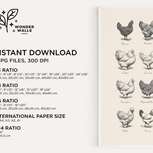 May include: A framed print featuring detailed black and white illustrations of various chicken breeds. The print includes text indicating it is an instant download with multiple file sizes available, including 11"x14" (28x35.5 cm). The artwork is on a cream-colored background.