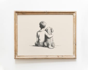Boy and a Dog Vintage Print | Dog wall art | Dog drawing | Farmhouse wall decor | Countryside wall art | Dog nursery print | Friendship art