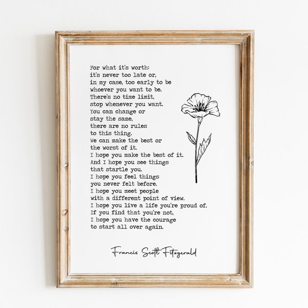 For What It's Worth Fitzgerald Quote Print / F. Scott Fitzgerald Quote / Famous Quote Print / Typography Quote Print / Boho Quote Print