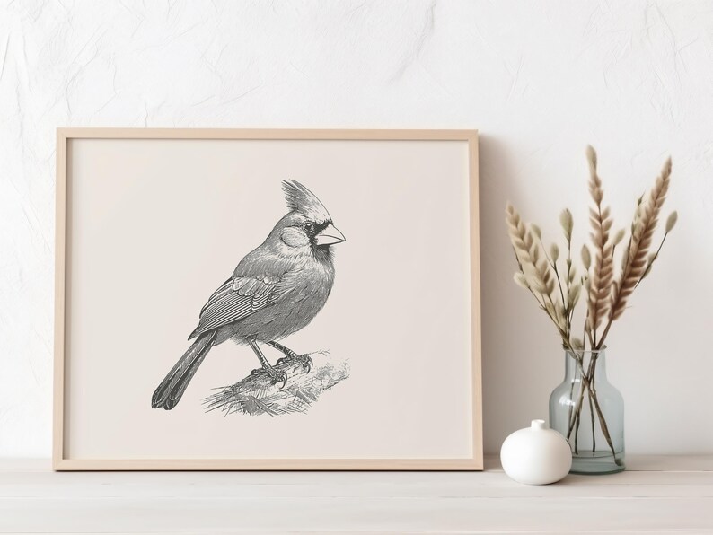 Puede incluir: Una l&aacute;mina de arte enmarcada que presenta un dibujo lineal detallado en blanco y negro de un p&aacute;jaro cardenal posado en una rama. La obra est&aacute; sobre un fondo beige claro y encerrada en un marco de madera sencillo de color claro.