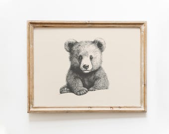 Baby bear vintage print | Bear vintage drawing | Animal nursery wall art | Farmhouse wall decor | Countryside print | Woodland art