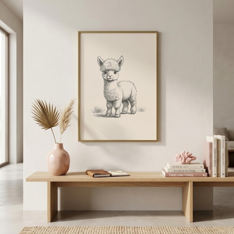 Vintage engraving-style baby alpaca wall art print featuring a detailed pencil sketch of an adorable fluffy alpaca cria standing and facing forward with a happy expression on a warm cream background, displayed in a gold frame in a bright minimalist boho living room with pampas grass and pink ceramic vase. Fine black linework captures the alpaca's fluffy coat and endearing expression beautifully. Perfect as alpaca wall art, boho home decor, or nursery animal art. Printable digital download