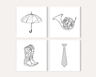 Set of 4 Square Printable Wall Art  / Yellow Umbrella, Blue Horn, Red Boots, Duck Tie / HIMYM Inspired / TV Show Poster Print