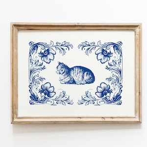 Delft blue cat vintage print | Dutch tiles print | Cat wall art | Duck drawing | Antique vintage painting | Farmhouse print