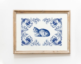 Delft blue cat vintage print | Dutch tiles print | Cat wall art | Duck drawing | Antique vintage painting | Farmhouse print