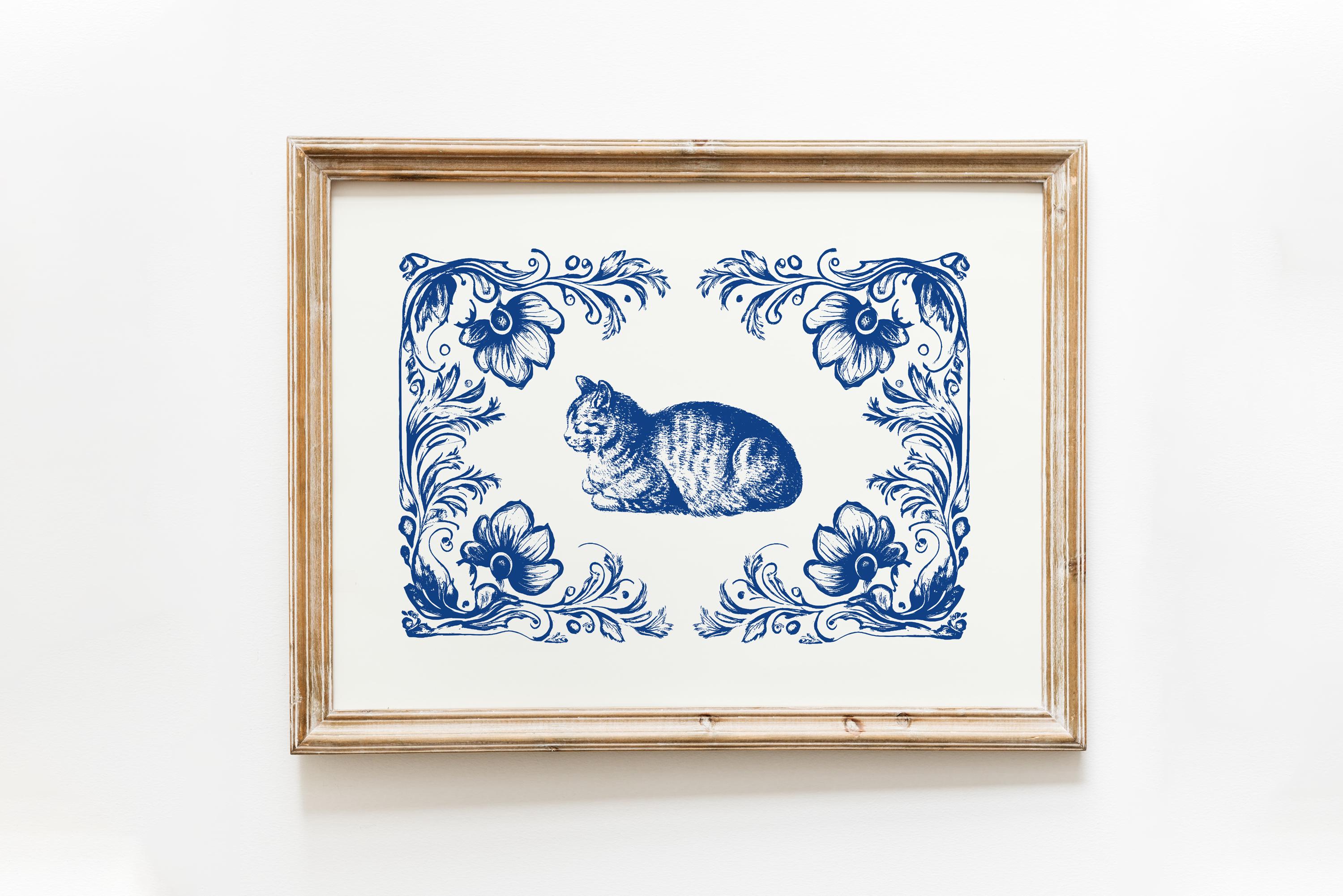 Delft Blue Cat Print | Vintage Dutch Tile Art | Navy Blue Cat Delft Blue Cat Print | Vintage Dutch Tile Art | Navy Blue Cat