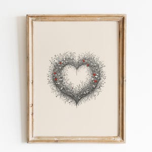 Valentine&#39;s Day wreath print | Vintage love wall art | Valentine&#39;s Day gift | Romantic wall art | Red hearts print