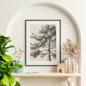 May include: A framed black and white illustration of a pine tree on a beige background, with a light blue vase, dried flowers, and a wooden elephant figurine on a wooden shelf.