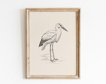コウノトリと赤ちゃんの水彩画アートプリント：ヴィンテージ妊娠発表