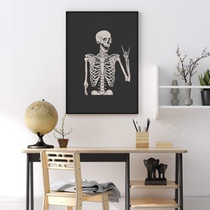 Skeleton Peace Sign Wall Art | Funny Halloween Print | Vintage Style Gothic Decor | Digital Download image 4