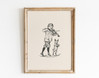 Vintage tekening van jongen en hond: boerderijmuurkunst (digitale download)