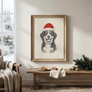 Bernese Mountain Dog Print | Dog Print Gifts | Dog in Santa Hat | Farmhouse Christmas Wall Art | Winter Decor | Digital Download