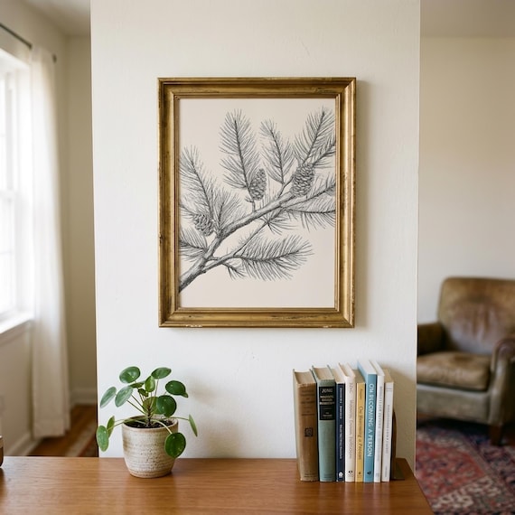 Pine Branch Print | Botanical Wall Art | Pine Cone Wall Art | Farmhouse Wall Art | Nature Print | Cottagecore Decor | Digital Download