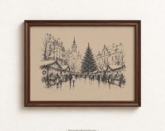Christmas Market Print | Vintage Christmas Wall Art | European Town Square Sketch | Digital Download