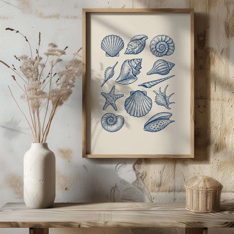 Seashell Print | Printable Coastal Wall Art | Navy Blue Shell ...