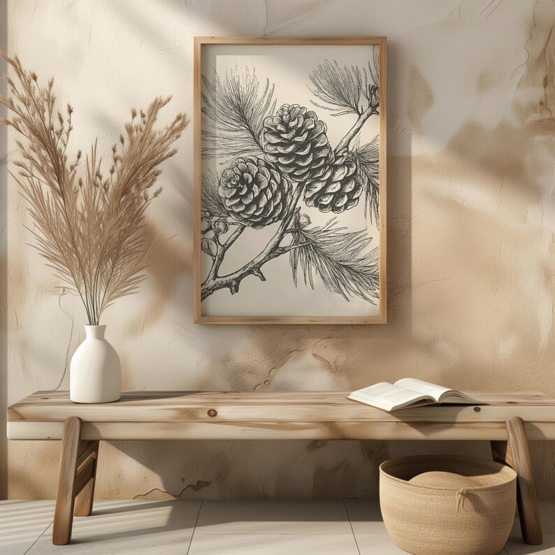 May include: A framed monochrome botanical print depicting detailed illustrations of pine cones and needles. The artwork is displayed above a wooden bench, with a vase of dried plants and a woven basket.