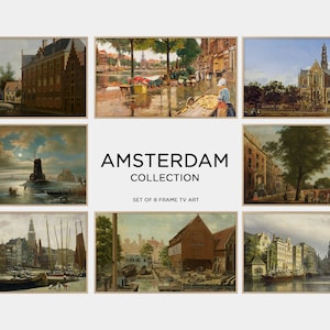 Könnte beinhalten: Ein Set mit 8 gerahmten Gemälden, die verschiedene Szenen aus Amsterdam zeigen, darunter Kanäle, Gebäude und das Straßenleben. Die Gemälde sind im traditionellen Stil gehalten und zeichnen sich durch eine gedämpfte Farbpalette aus.
