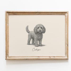 May include: A framed pencil sketch of a Cockapoo dog. The dog is depicted in a standing pose, with a curly coat and a fluffy tail. The artwork is in a wooden frame with a light-colored background.