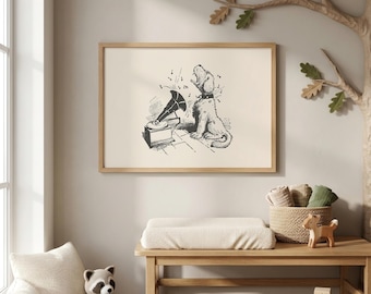 Singing Dog Print | Funny Dog Wall Art | Gramophone Print | Music Lover Gift | Vintage Dog Print | Nursery Wall Art | Digital Download